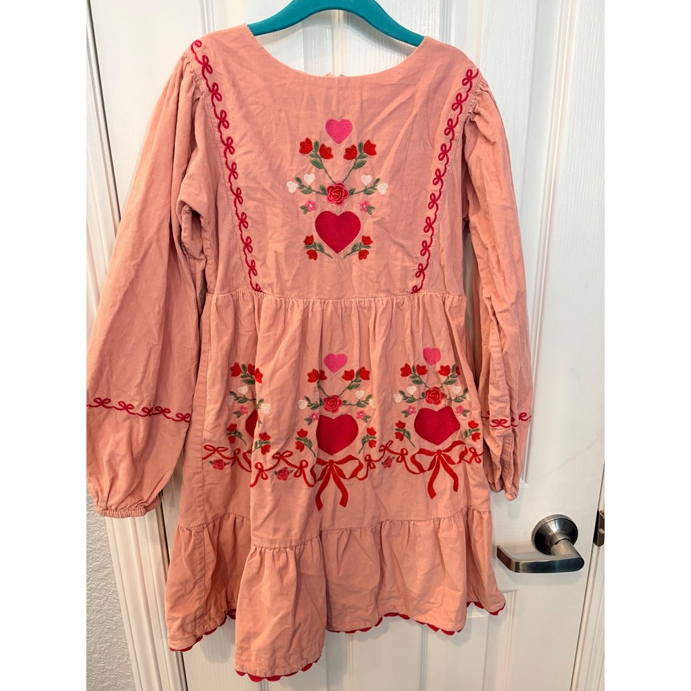 Mini Boden Corduroy Dress Pink Hearts Floral Embroidered Long Sleeve 9-10Y